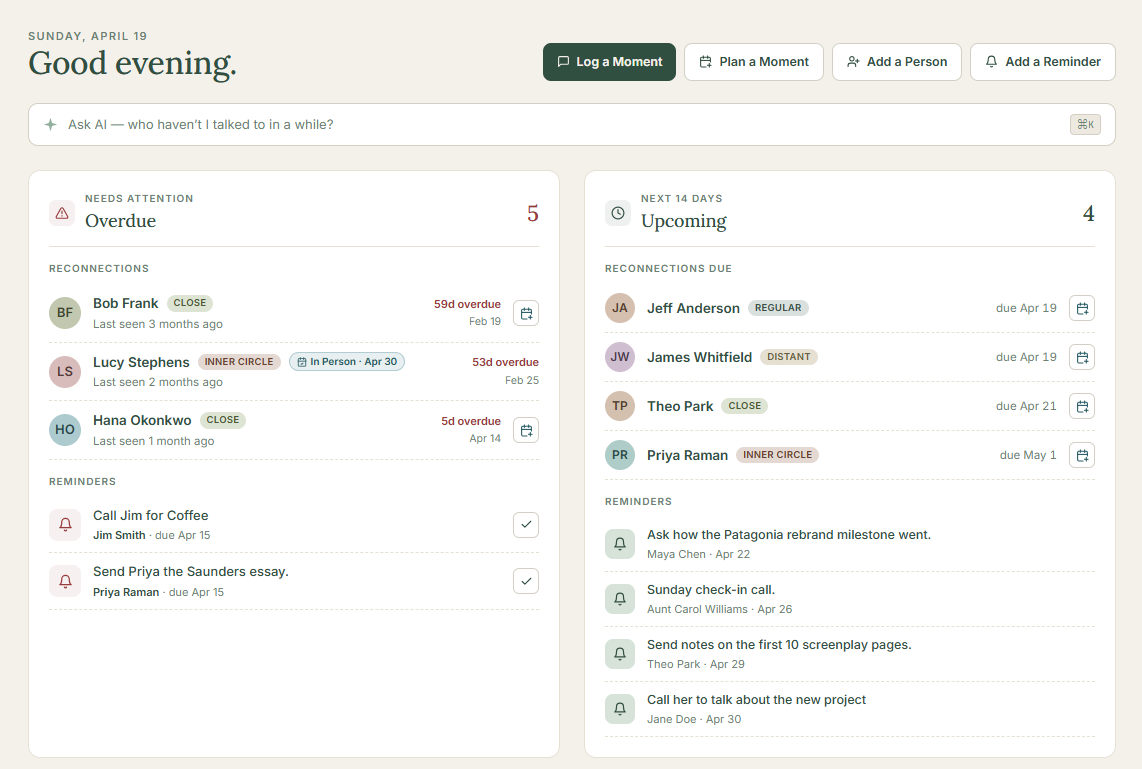 Screenshot of the Everwove dashboard showing overdue and upcoming reconnections