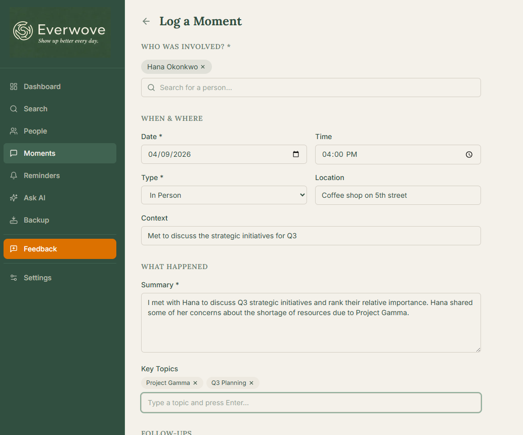 Screenshot of the Everwove moment log and detail view