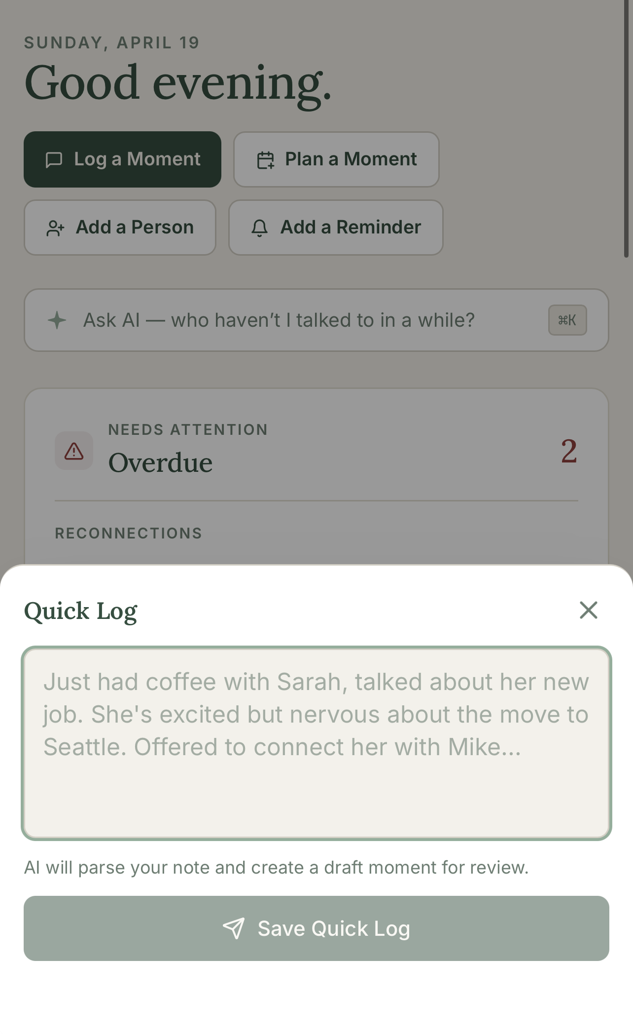 Screenshot of the Everwove quick-log moment composer